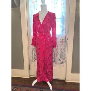 ZARA NEW JACQUARD SATIN WRAP DRESS BELTED FUCHSIA PINK
